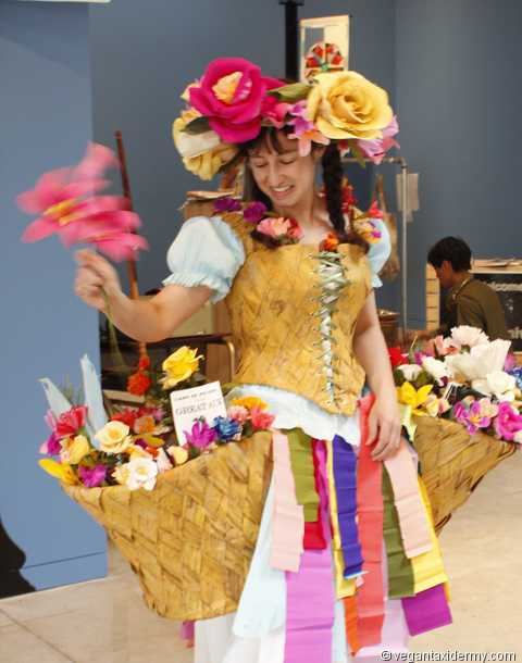 Aimée Baldwin in paper costume of crepe-paper flower vendor